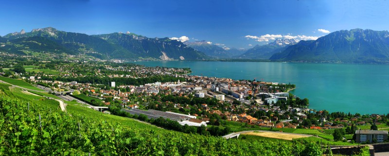 View of Lake Geneva with the Swiss Alps in the background